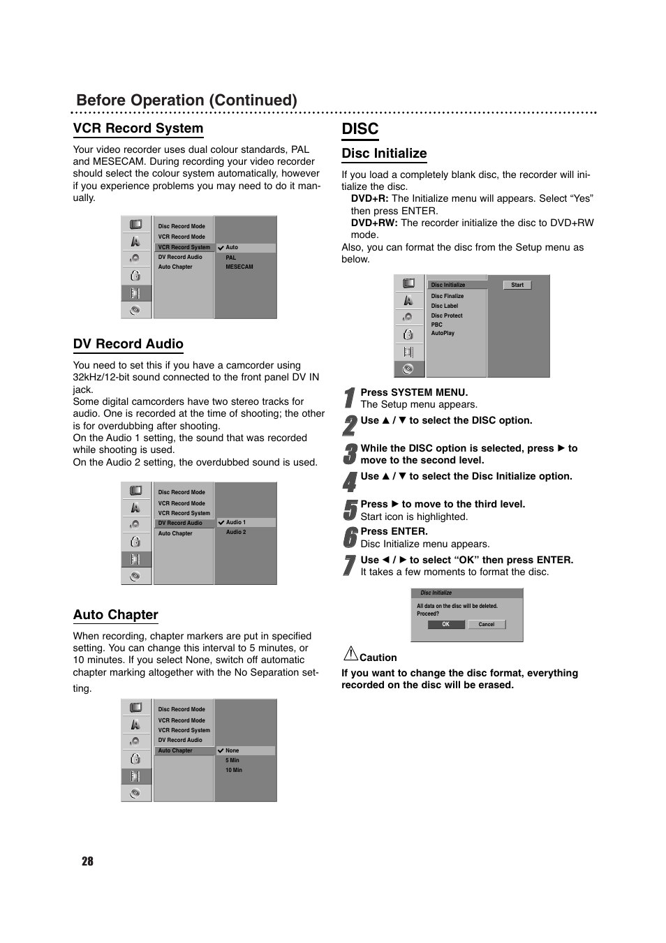 Before operation (continued), Disc, Vcr record system | Dv record audio, Auto chapter, Disc initialize | Porter-Cable DVDR630VR User Manual | Page 28 / 61