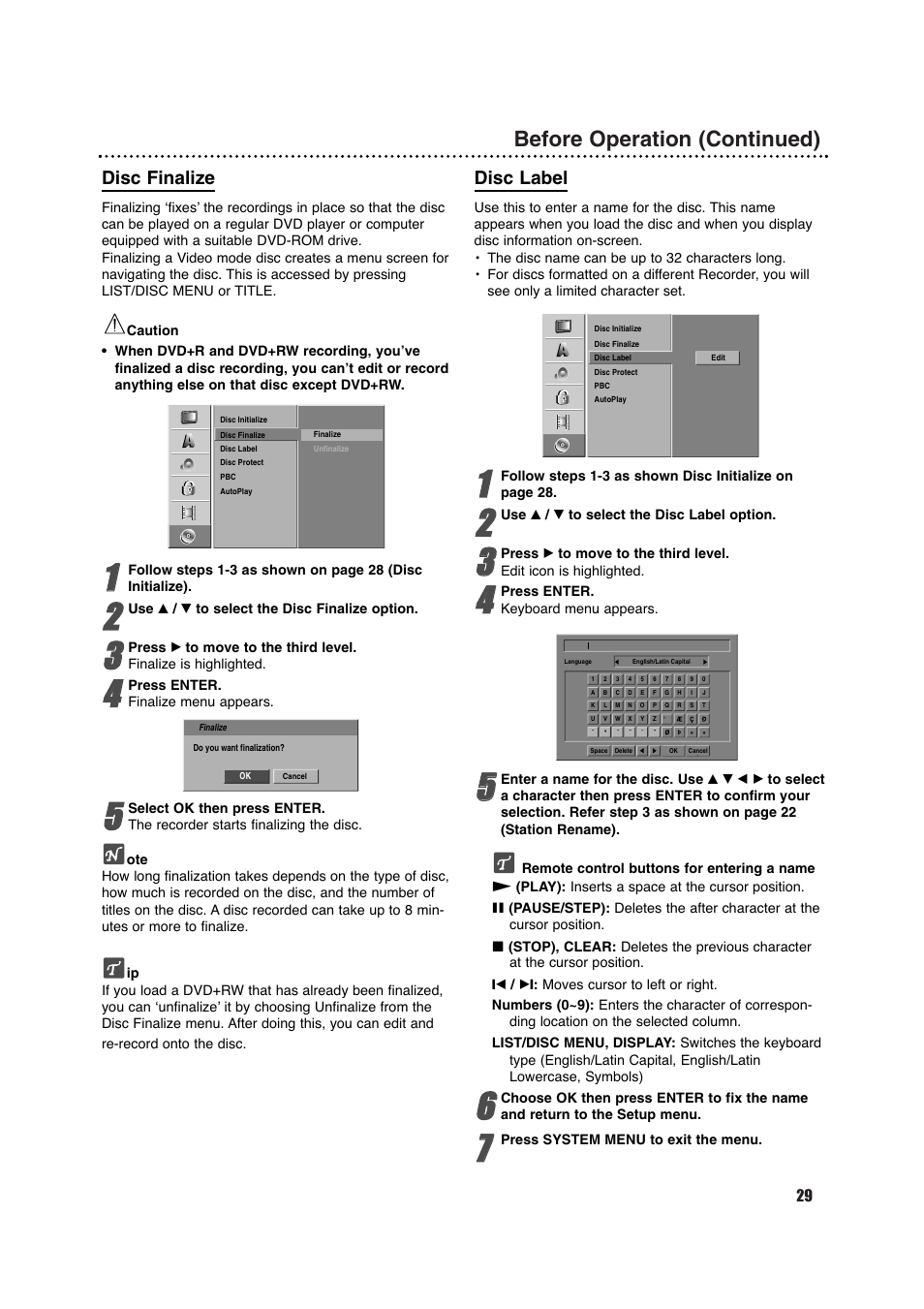 Before operation (continued), Disc finalize, Disc label | Porter-Cable DVDR630VR User Manual | Page 29 / 61