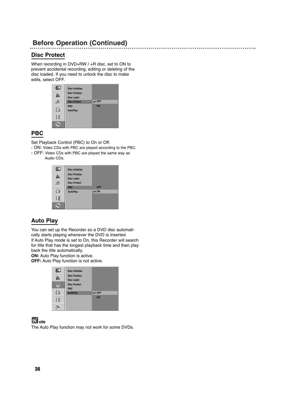 Before operation (continued), Disc protect, Auto play | Porter-Cable DVDR630VR User Manual | Page 30 / 61