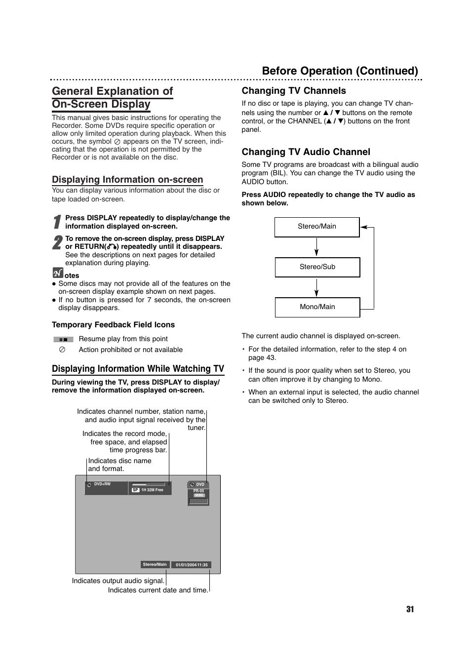 General explanation of on-screen display, Before operation (continued), Displaying information on-screen | Displaying information while watching tv, Changing tv channels, Changing tv audio channel | Porter-Cable DVDR630VR User Manual | Page 31 / 61