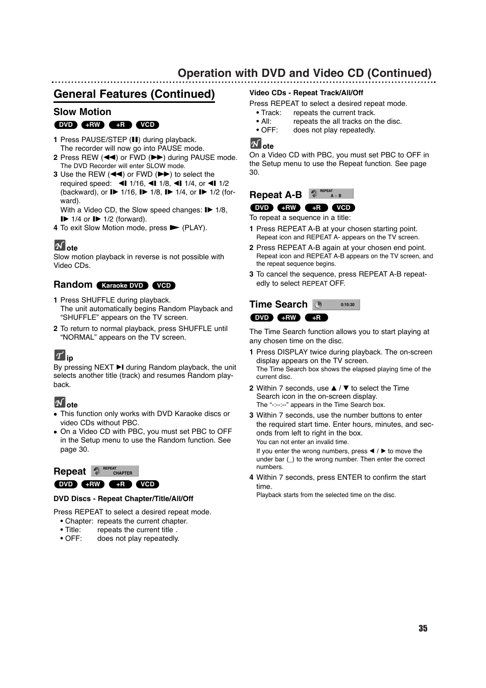 Slow motion, Random, Repeat | Repeat a-b, Time search | Porter-Cable DVDR630VR User Manual | Page 35 / 61