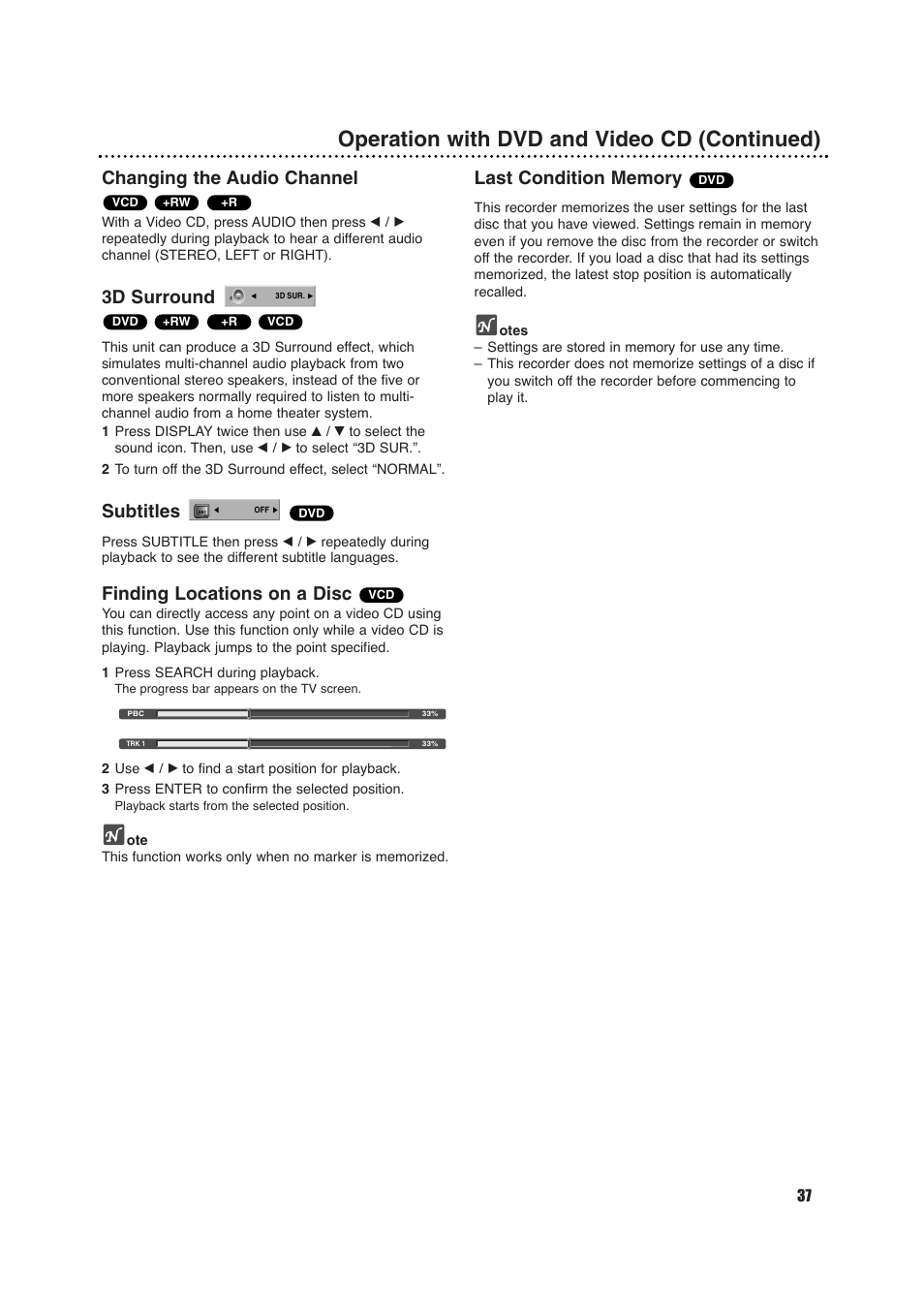 Operation with dvd and video cd (continued), Changing the audio channel, 3d surround | Subtitles, Finding locations on a disc | Porter-Cable DVDR630VR User Manual | Page 37 / 61