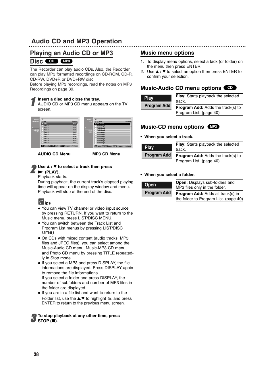 Music menu options, Music-audio cd menu options, Music-cd menu options | Play, Open, Program add | Porter-Cable DVDR630VR User Manual | Page 38 / 61