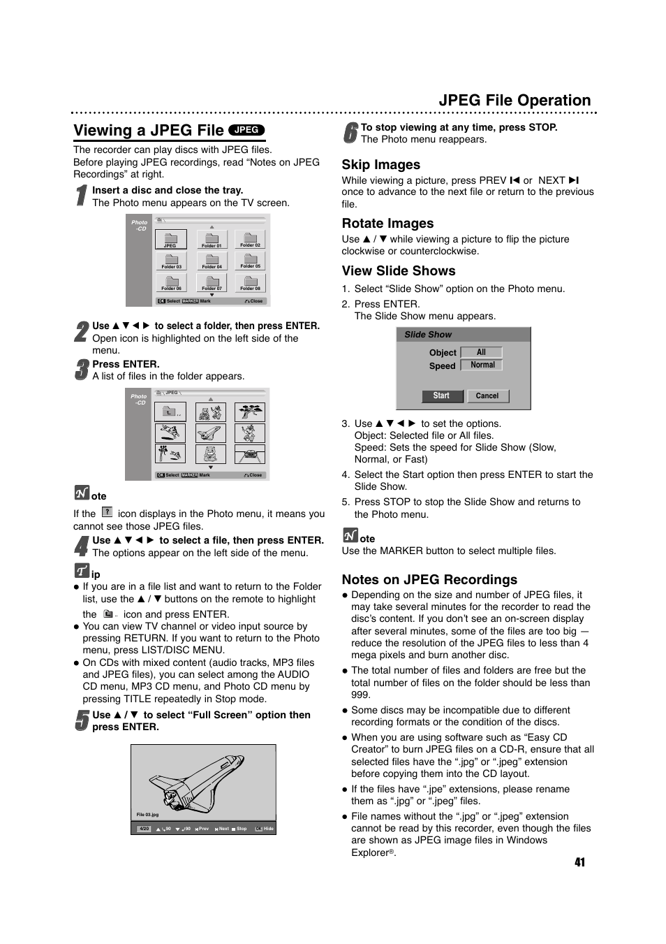 Viewing a jpeg file, Jpeg file operation, Skip images | Rotate images, View slide shows | Porter-Cable DVDR630VR User Manual | Page 41 / 61