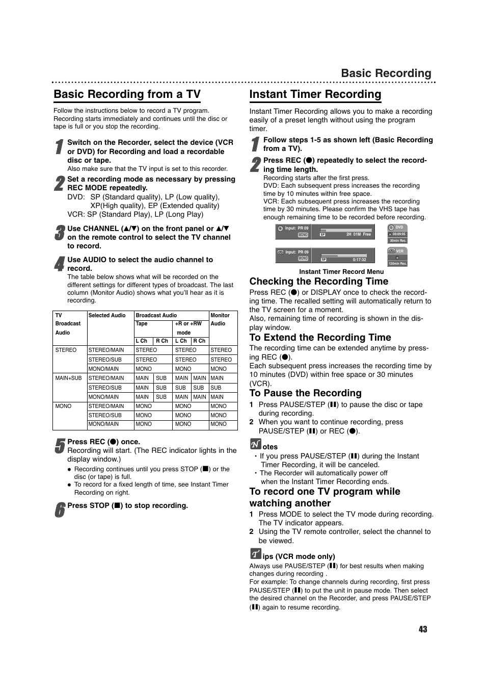 Basic recording basic recording from a tv, Instant timer recording, Checking the recording time | Porter-Cable DVDR630VR User Manual | Page 43 / 61