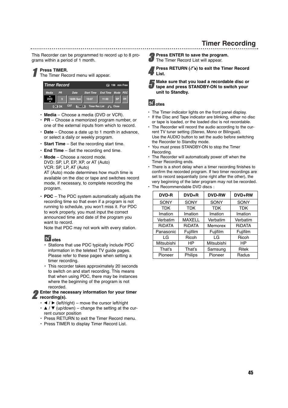 Timer recording | Porter-Cable DVDR630VR User Manual | Page 45 / 61