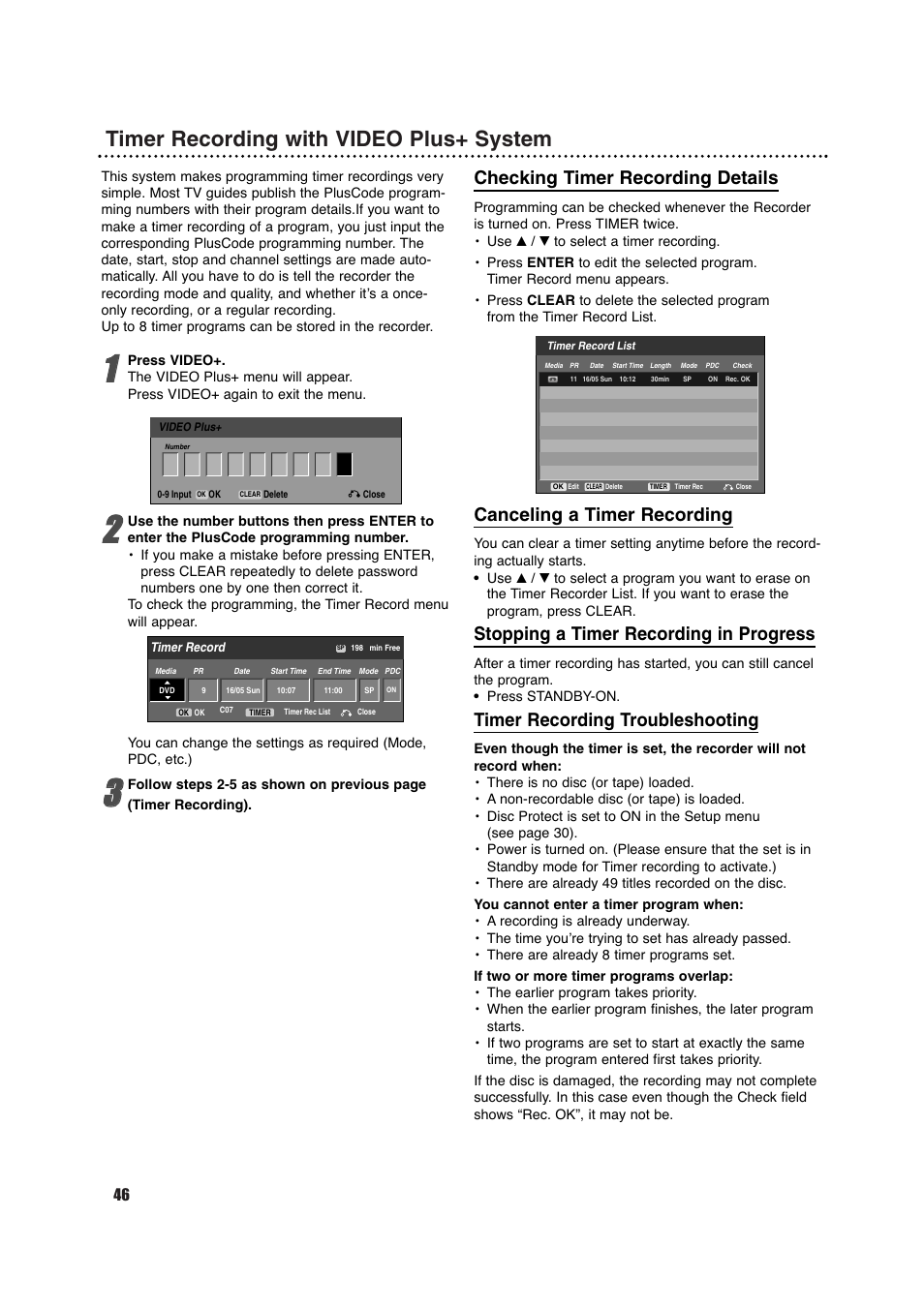 Timer recording with video plus+ system, Checking timer recording details, Canceling a timer recording | Stopping a timer recording in progress, Timer recording troubleshooting | Porter-Cable DVDR630VR User Manual | Page 46 / 61