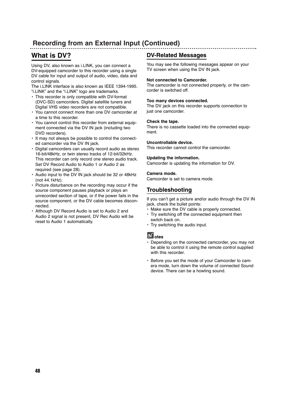 Dv-related messages, Troubleshooting | Porter-Cable DVDR630VR User Manual | Page 48 / 61