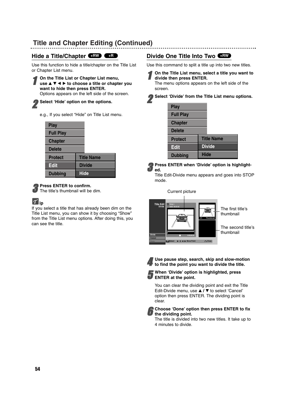 Title and chapter editing (continued) | Porter-Cable DVDR630VR User Manual | Page 54 / 61