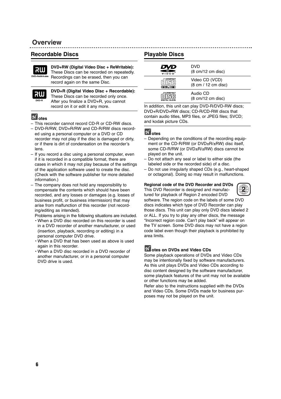 Overview, Recordable discs, Playable discs | Porter-Cable DVDR630VR User Manual | Page 6 / 61