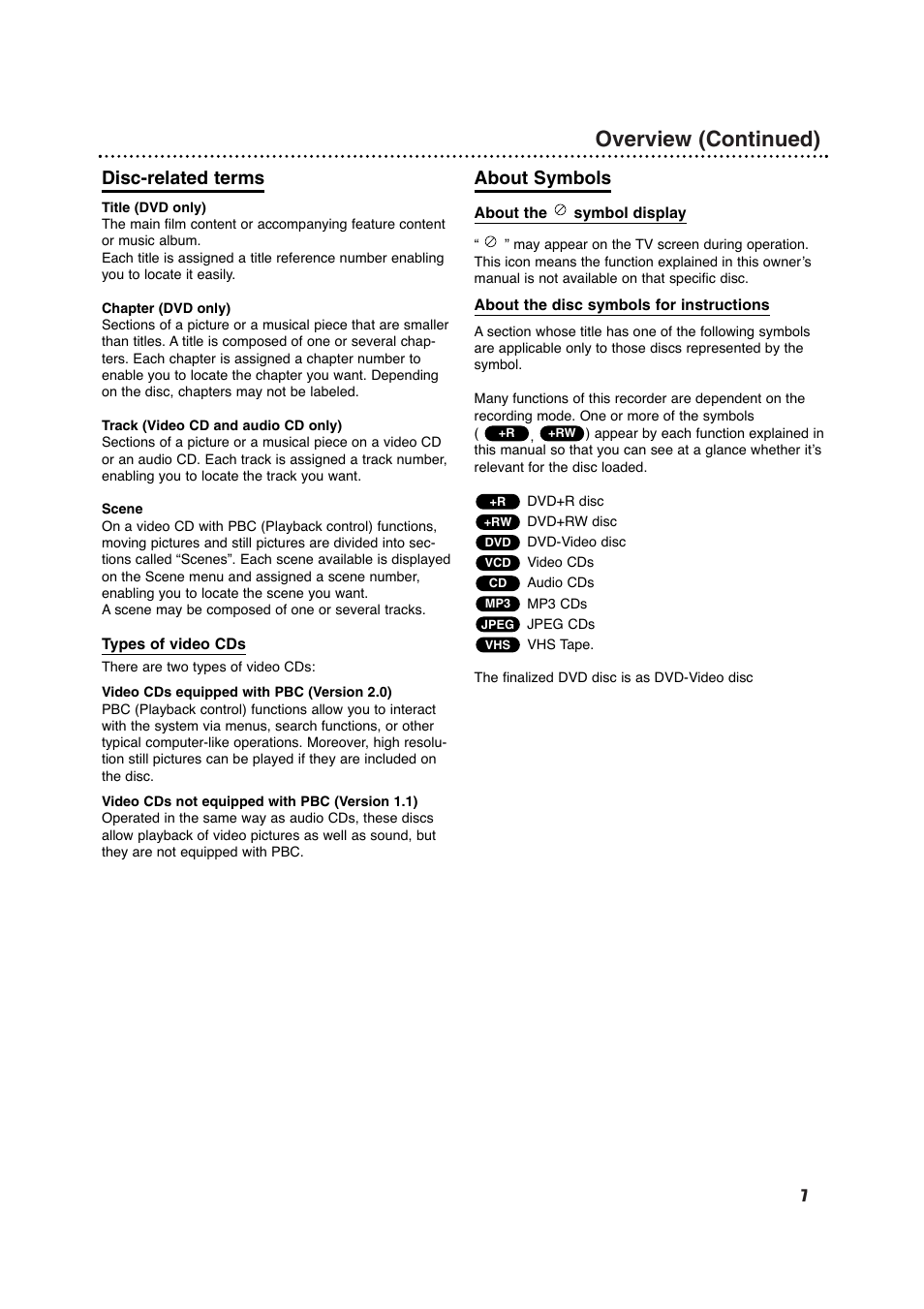 Overview (continued), Disc-related terms, About symbols | Porter-Cable DVDR630VR User Manual | Page 7 / 61