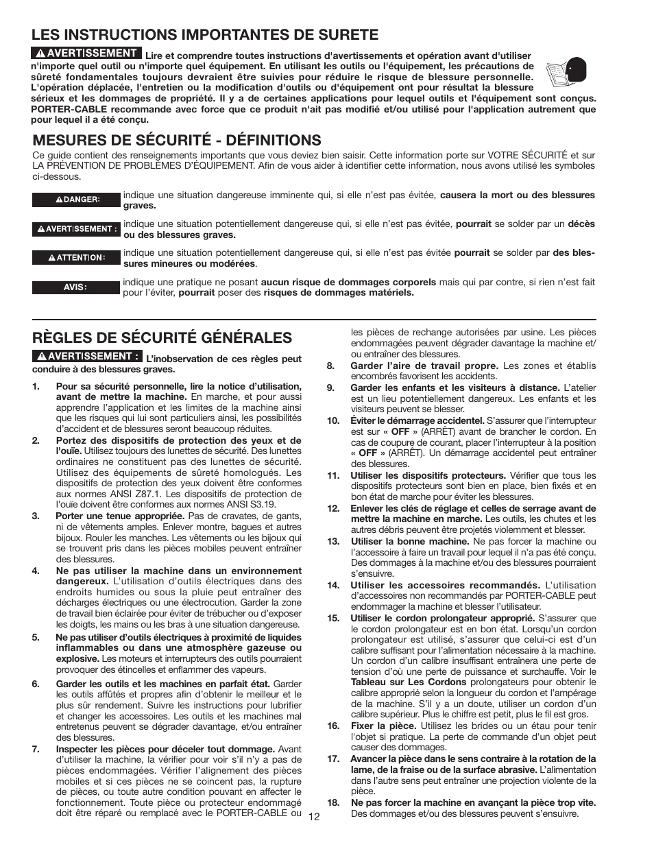 Les instructions importantes de surete | Porter-Cable PC305TP User Manual | Page 12 / 36