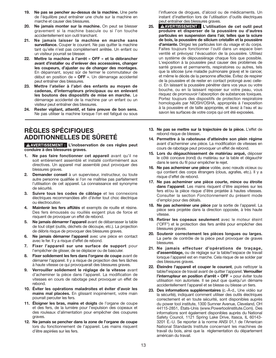 Règles spécifiques additionnelles de sûreté | Porter-Cable PC305TP User Manual | Page 13 / 36