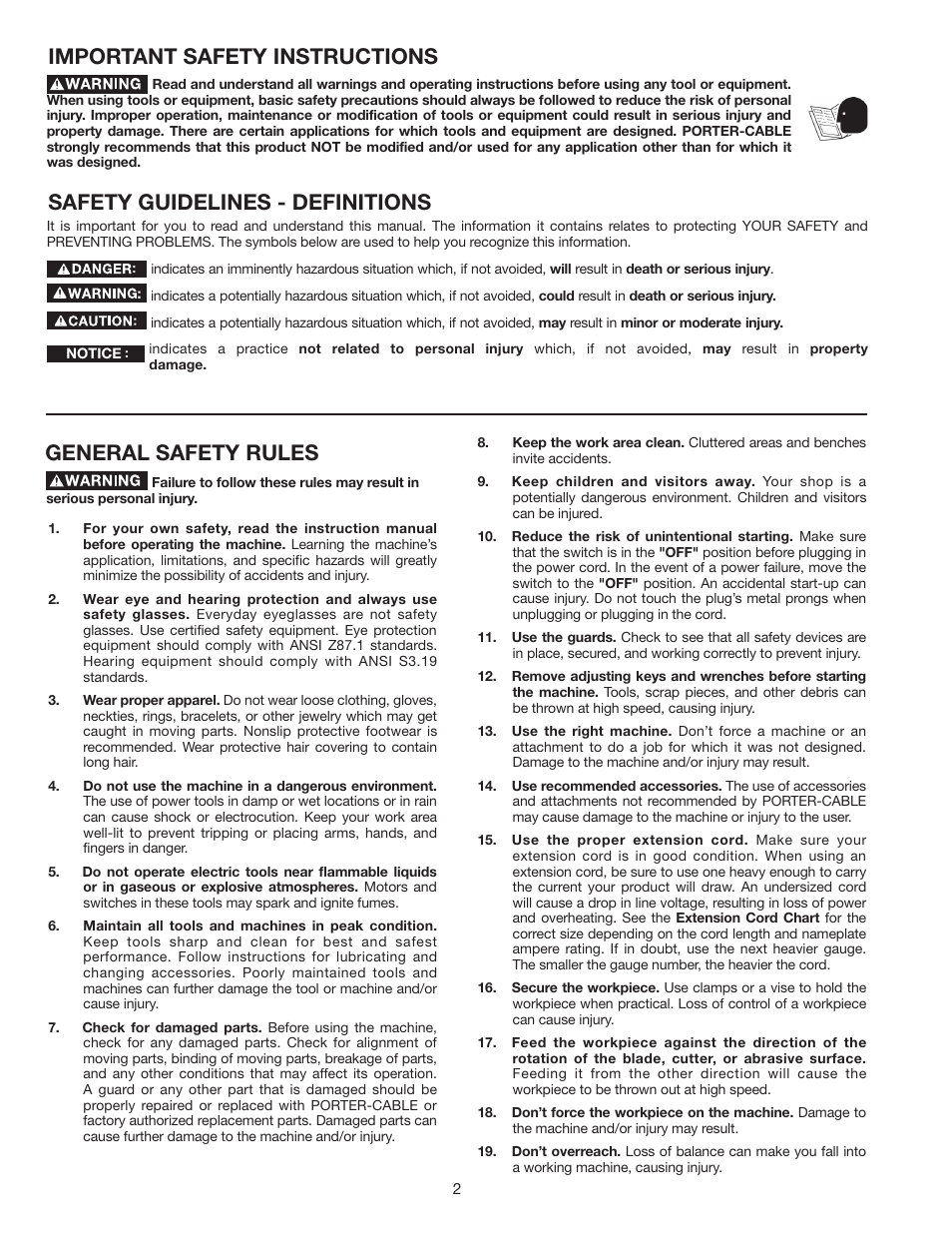 Important safety instructions, Safety guidelines - definitions, General safety rules | Porter-Cable PC305TP User Manual | Page 2 / 36