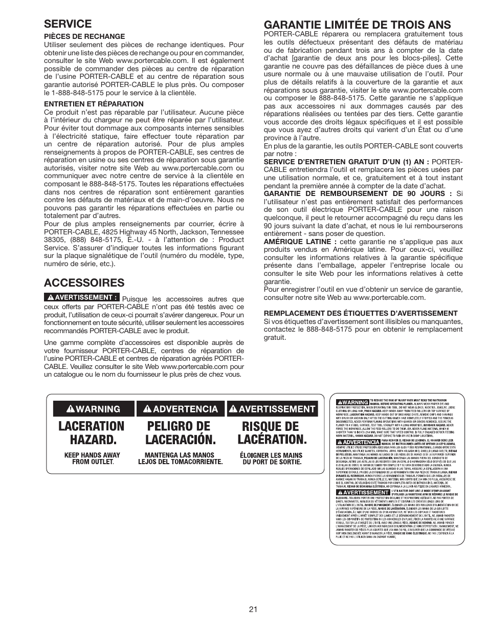 Service, Accessoires, Garantie limitée de trois ans | Porter-Cable PC305TP User Manual | Page 21 / 36
