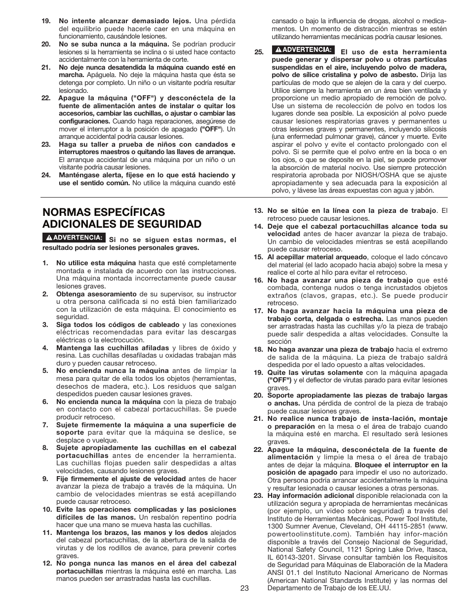 Normas específicas adicionales de seguridad | Porter-Cable PC305TP User Manual | Page 23 / 36