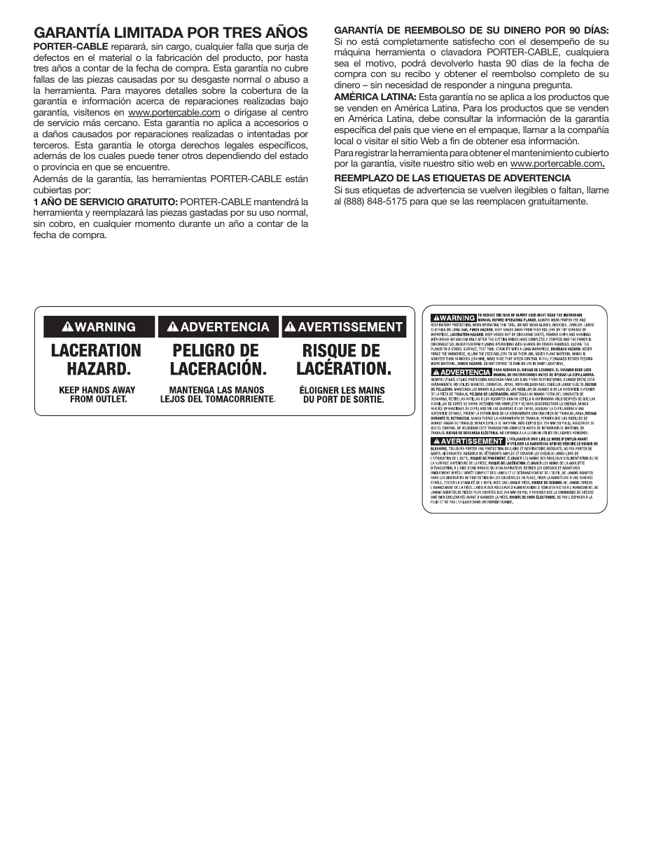 Garantía limitada por tres años | Porter-Cable PC305TP User Manual | Page 32 / 36