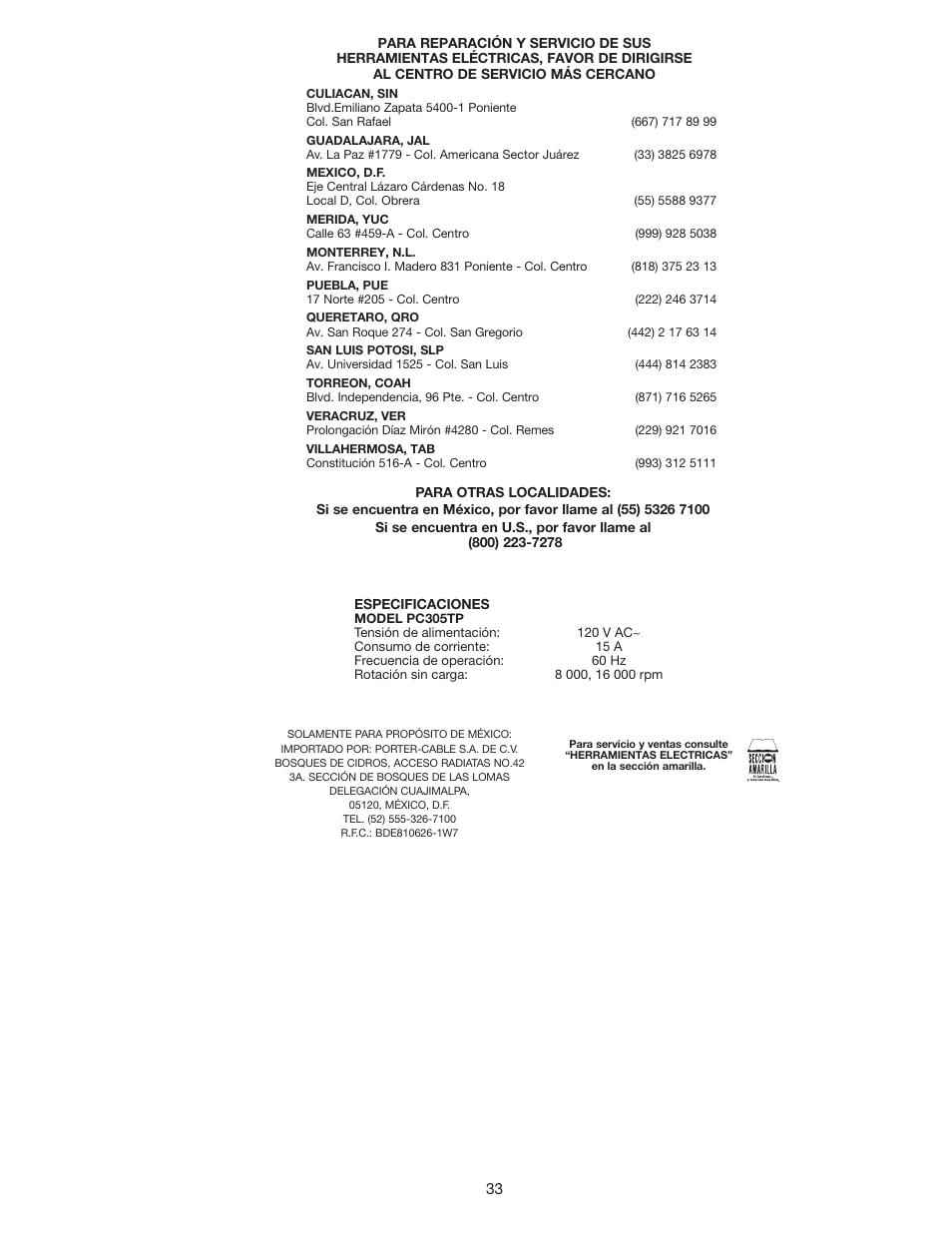 Porter-Cable PC305TP User Manual | Page 33 / 36