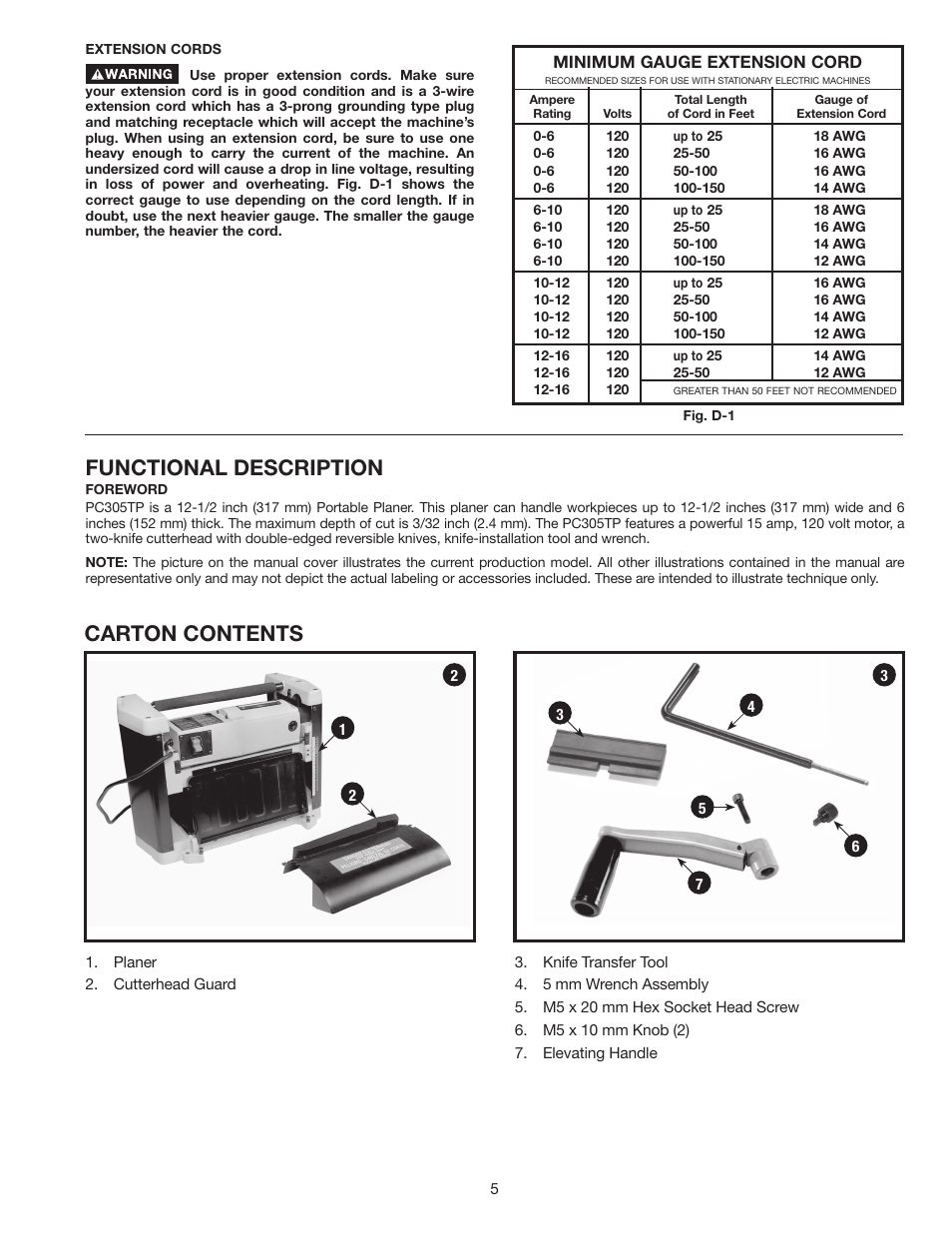 Functional description carton contents | Porter-Cable PC305TP User Manual | Page 5 / 36