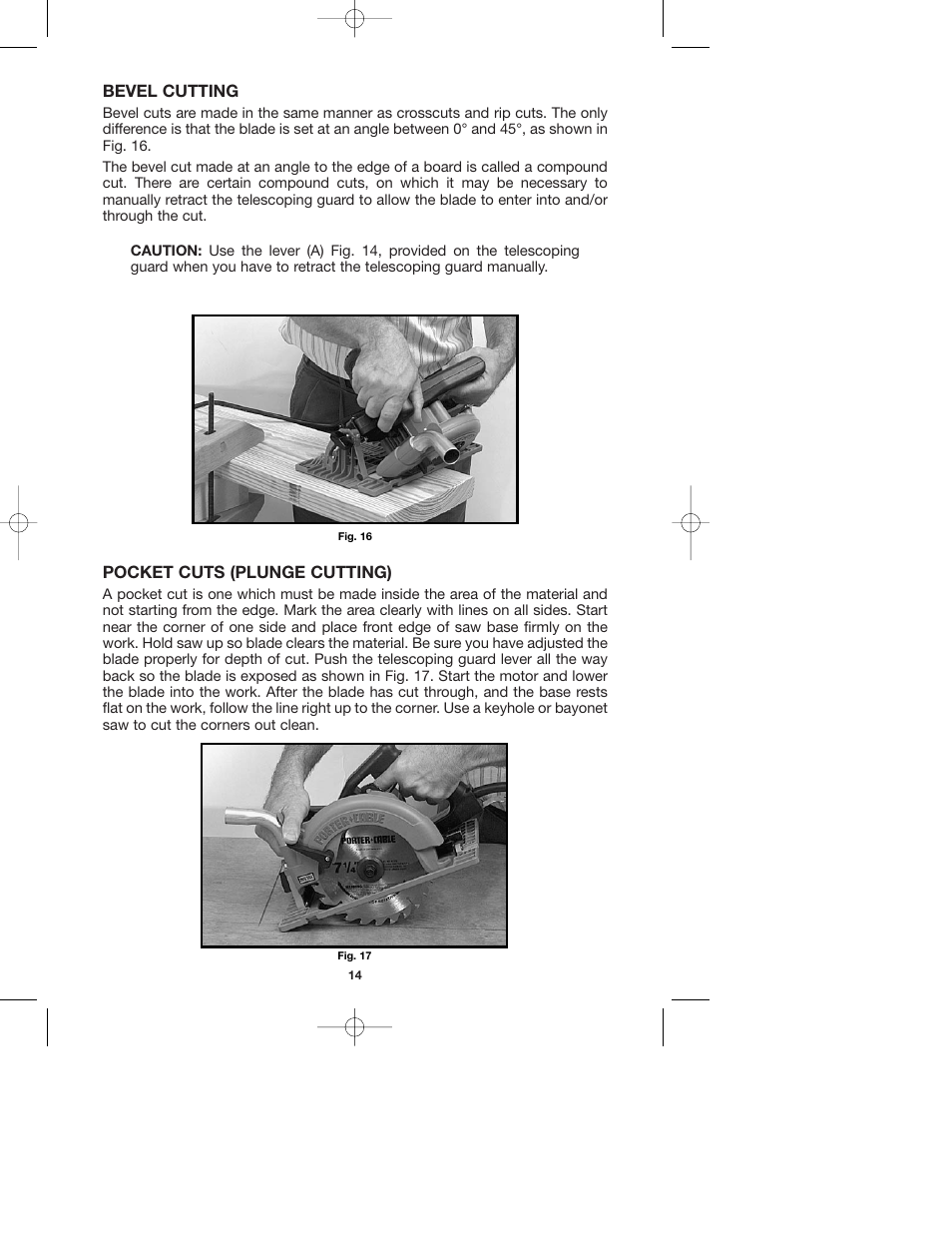 Bevel cutting, Pocket cuts (plunge cutting) | Porter-Cable 743 User Manual | Page 14 / 17