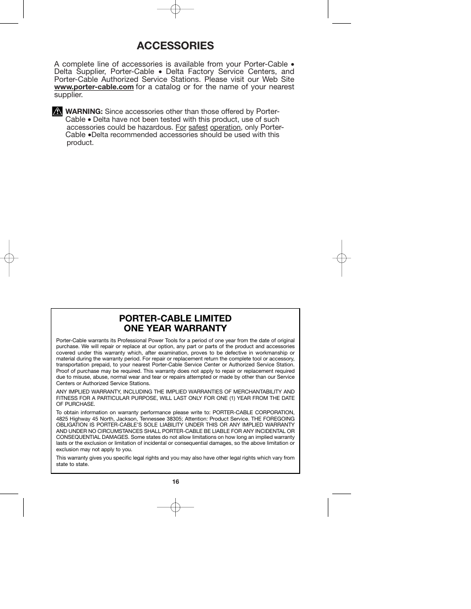 Accessories, Porter-cable limited one year warranty | Porter-Cable 743 User Manual | Page 16 / 17