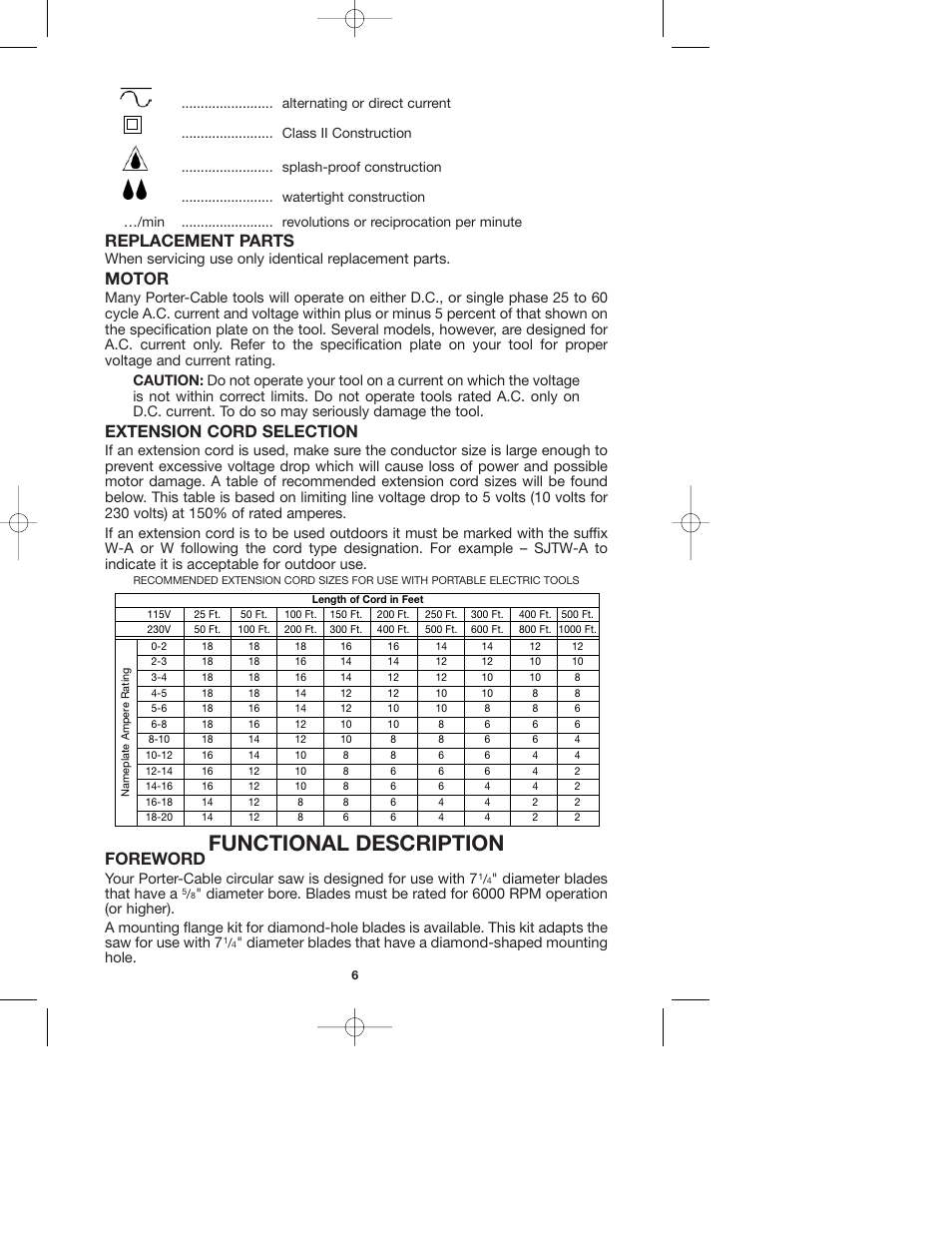 Functional description, Replacement parts, Motor | Extension cord selection, Foreword | Porter-Cable 743 User Manual | Page 6 / 17