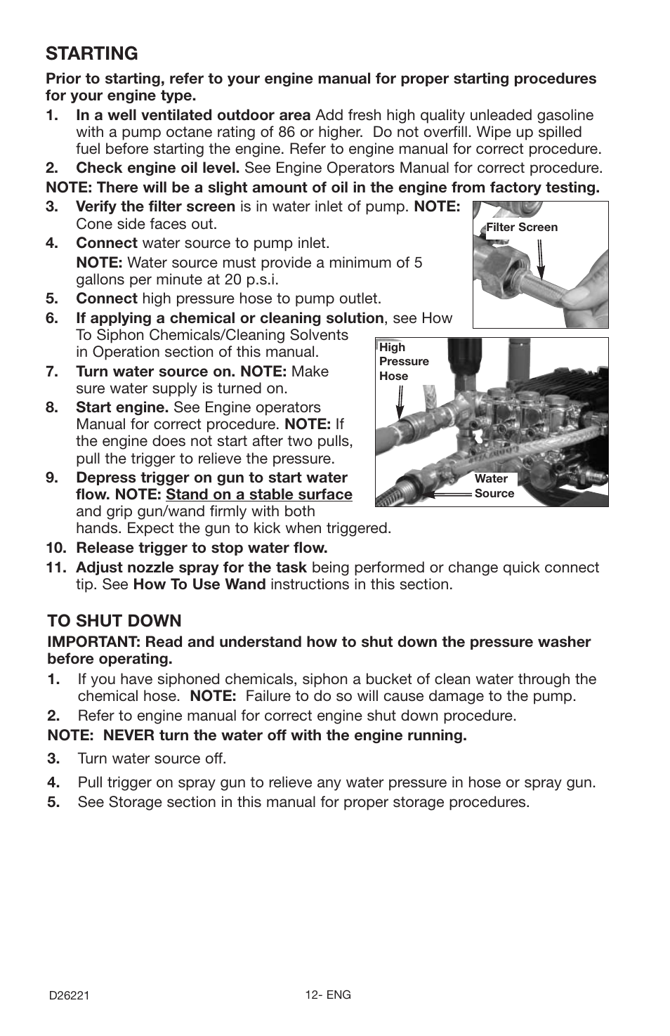 Starting | Porter-Cable D26221-025-1 User Manual | Page 12 / 20