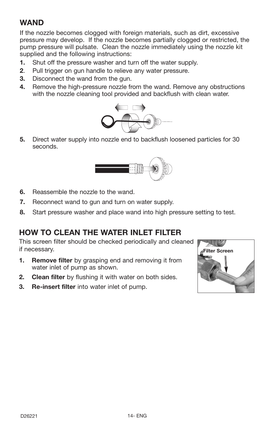 How to clean the water inlet filter, Wand | Porter-Cable D26221-025-1 User Manual | Page 14 / 20