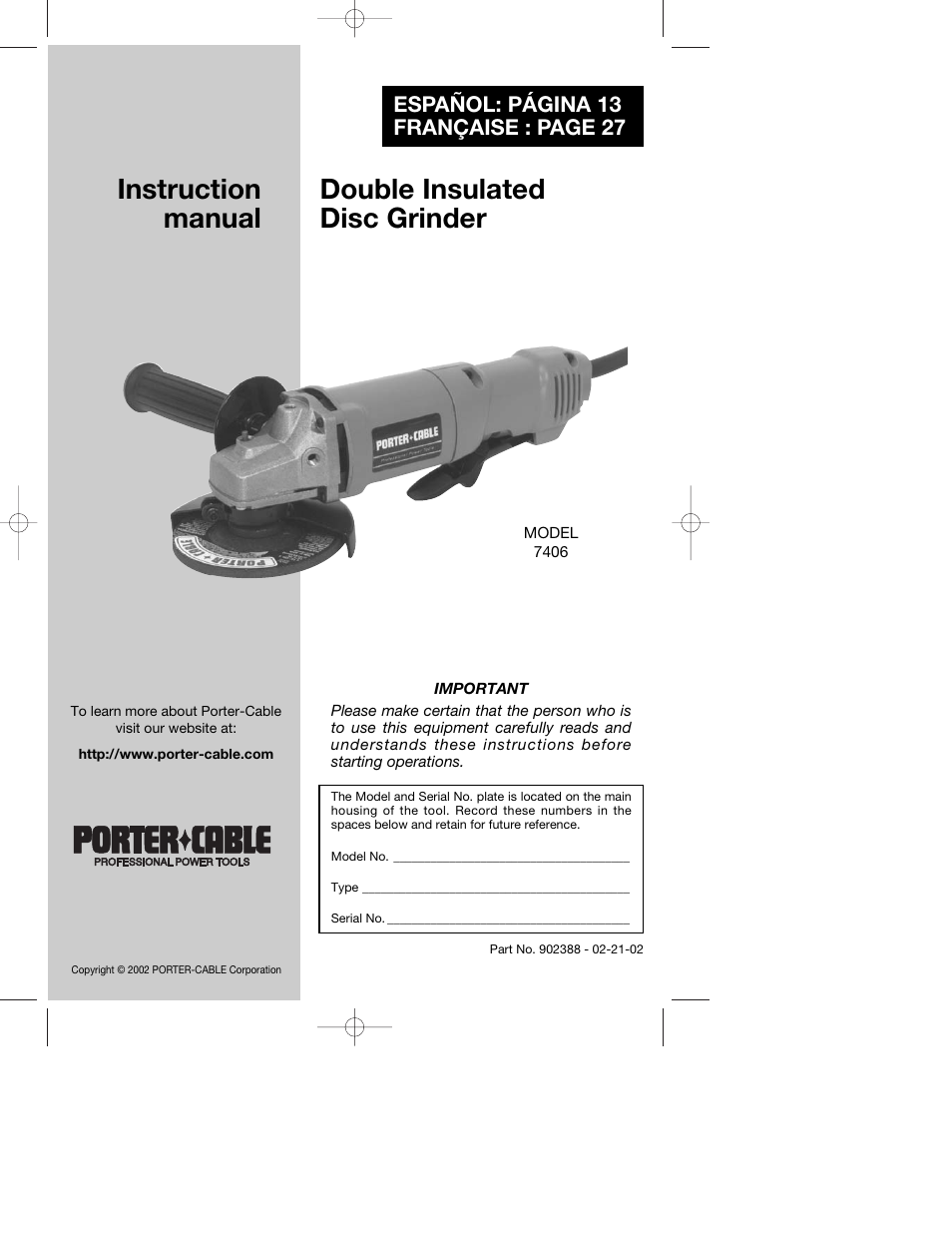 Porter-Cable 7406 User Manual | 13 pages