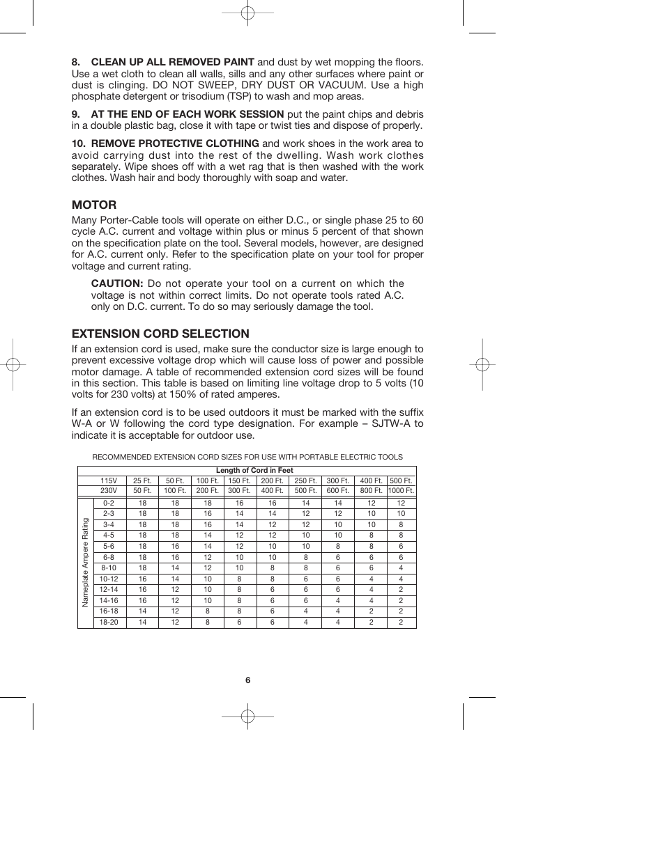 Motor, Extension cord selection | Porter-Cable 7406 User Manual | Page 6 / 13