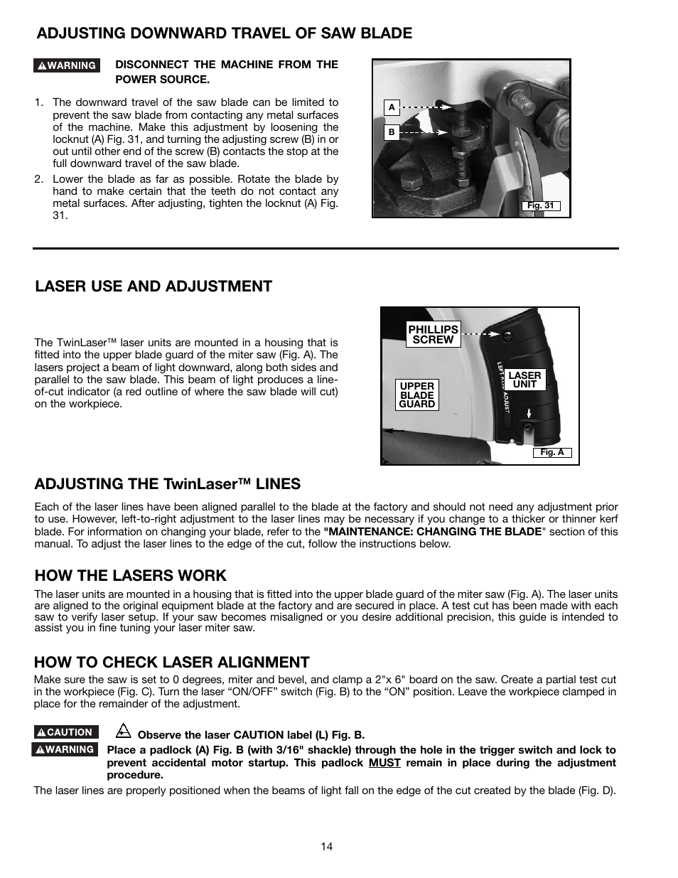 Adjusting the twinlaser™ lines, How the lasers work, How to check laser alignment | Adjusting downward travel of saw blade, Laser use and adjustment | Porter-Cable 3700L User Manual | Page 14 / 23