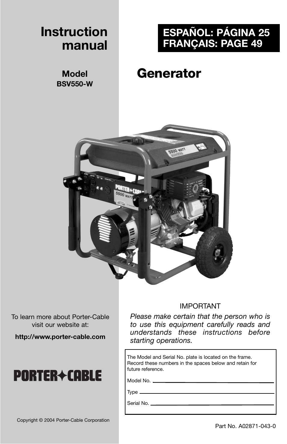 Porter-Cable A02871-043-0 User Manual | 24 pages