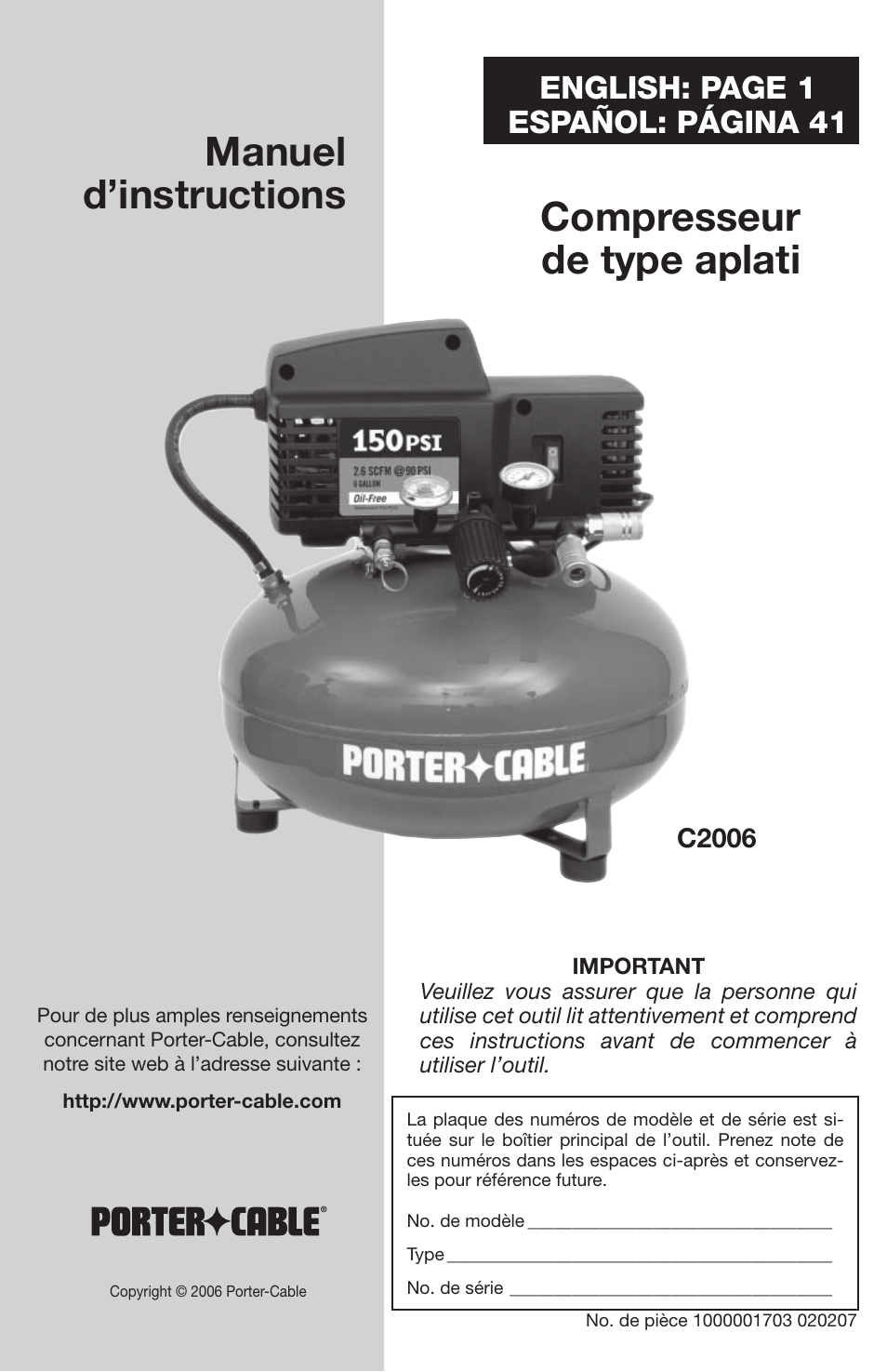 Compresseur de type aplati manuel d’instructions, English: page 1 español: página 41 | Porter-Cable 1000001703 User Manual | Page 21 / 60