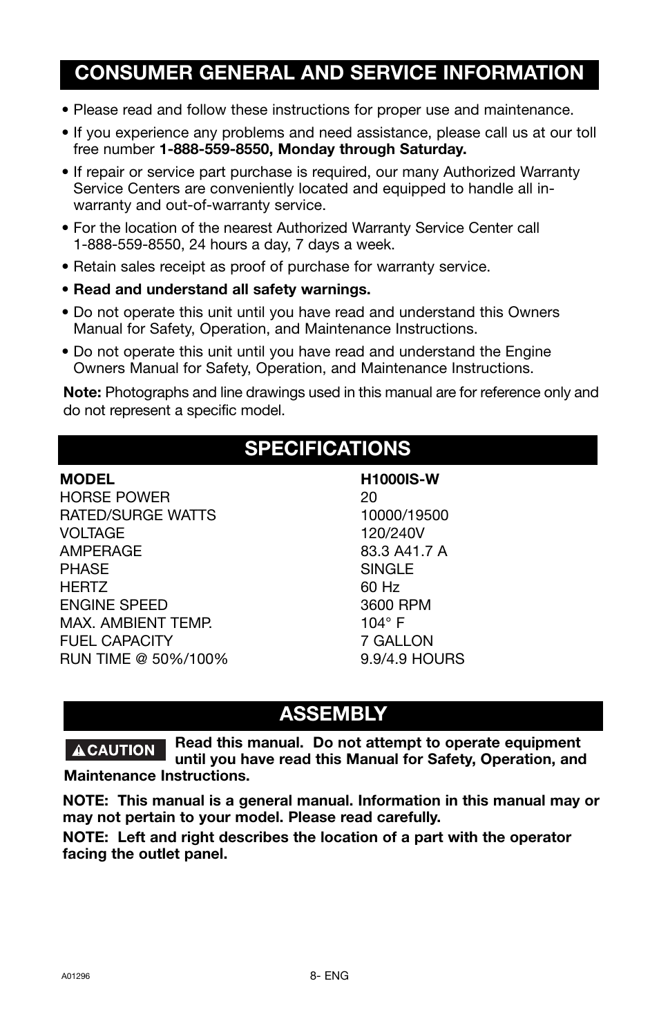 Assembly, Specifications, Consumer general and service information | Porter-Cable H1000IS-W User Manual | Page 8 / 28