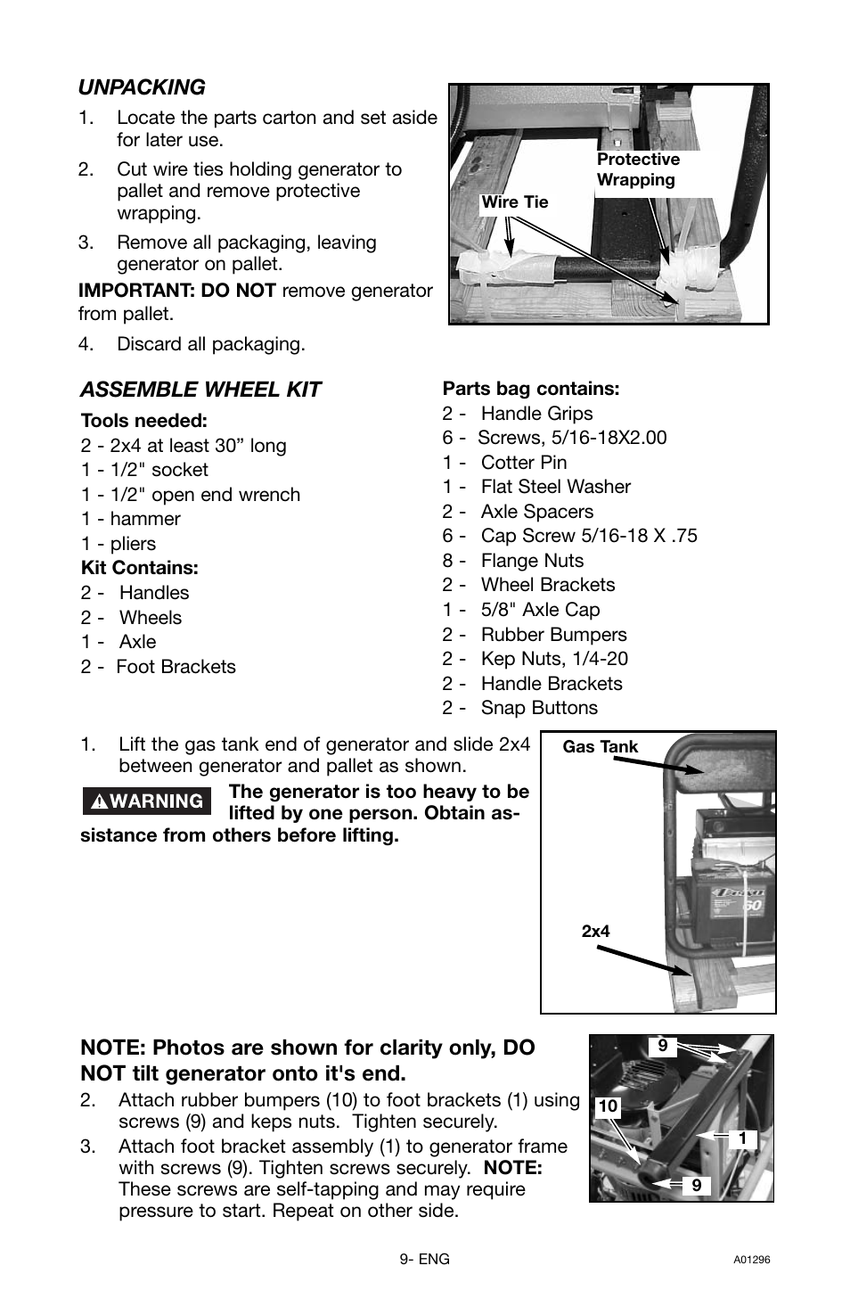 Unpacking, Assemble wheel kit | Porter-Cable H1000IS-W User Manual | Page 9 / 28