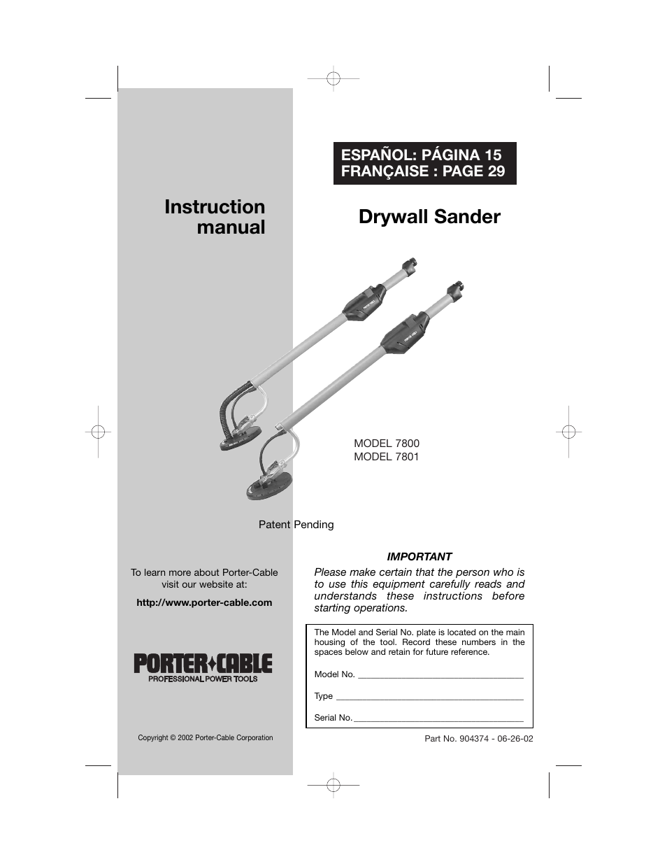 Porter-Cable 7800 User Manual | 15 pages