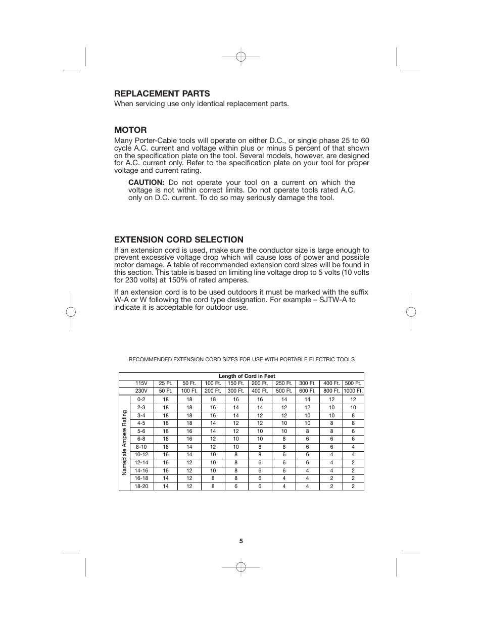 Replacement parts, Motor, Extension cord selection | Porter-Cable 7800 User Manual | Page 5 / 15