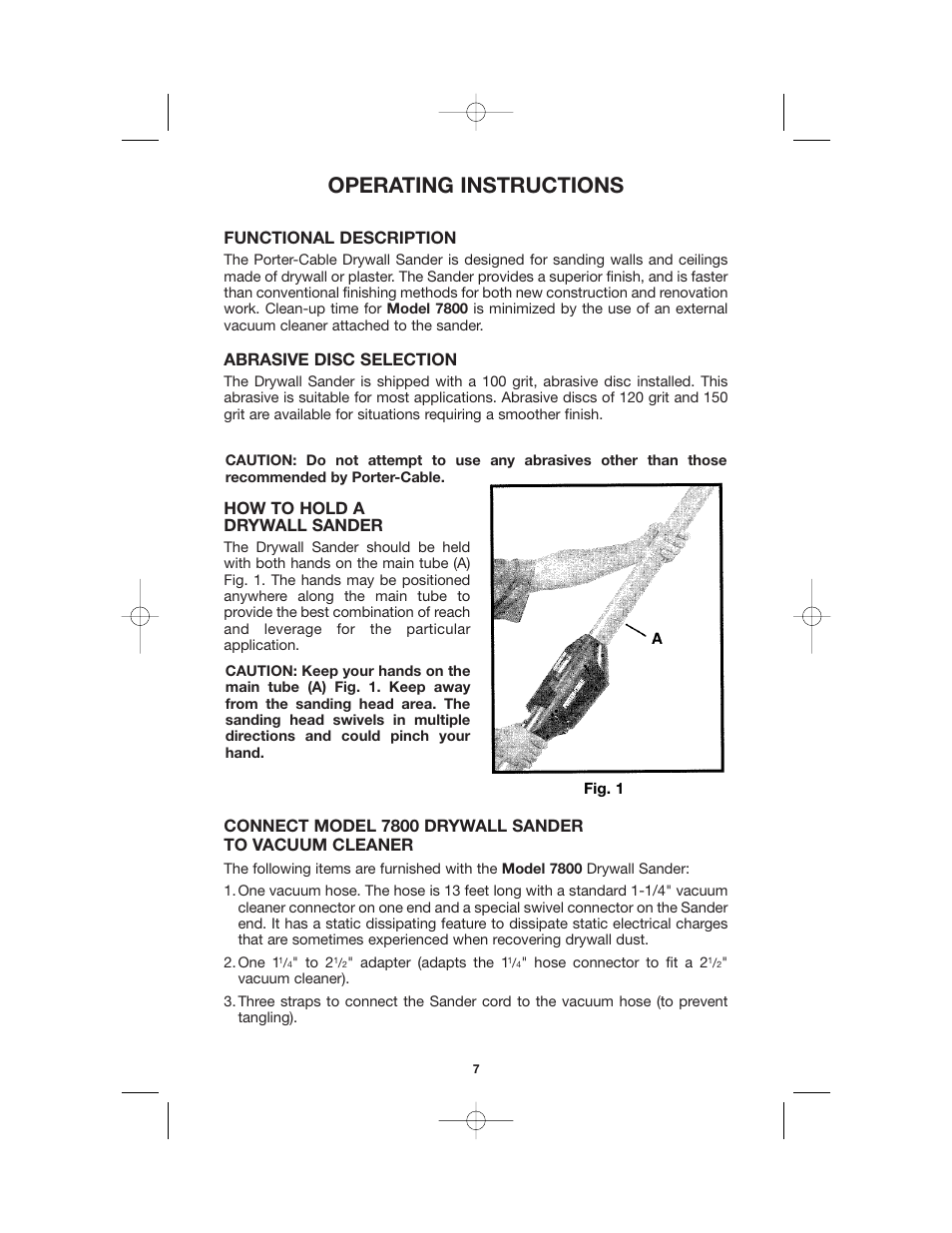 Operating instructions, Functional description, Abrasive disc selection | How to hold a drywall sander | Porter-Cable 7800 User Manual | Page 7 / 15