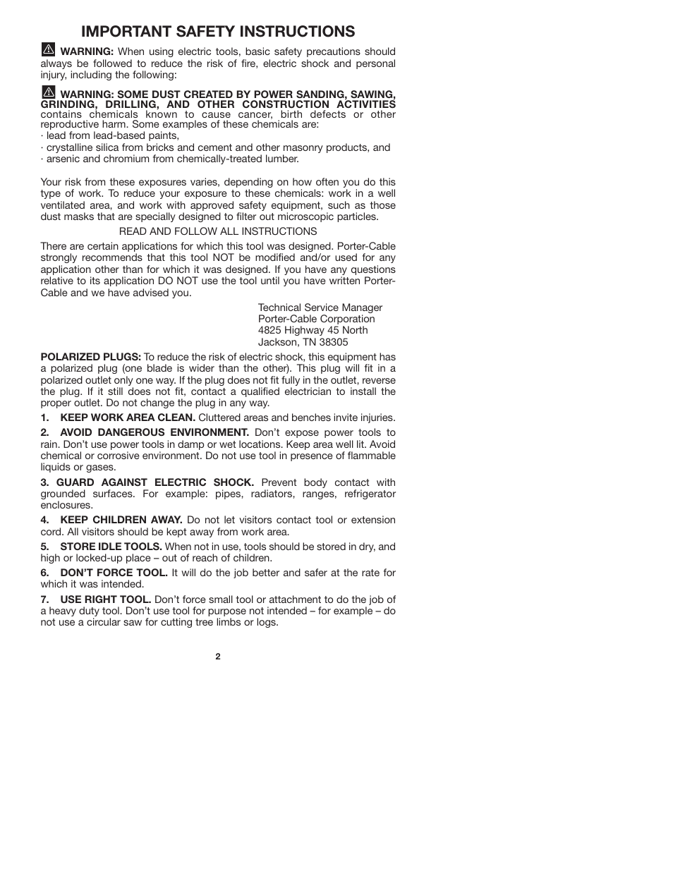 Important safety instructions | Porter-Cable 7536 User Manual | Page 2 / 15