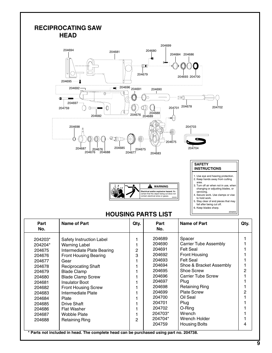 Reciprocating saw head, Housing parts list | Porter-Cable 136 User Manual | Page 9 / 12
