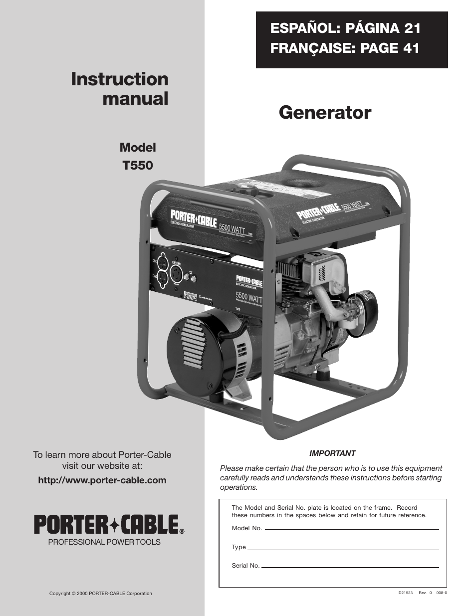 Porter-Cable T550 User Manual | 20 pages