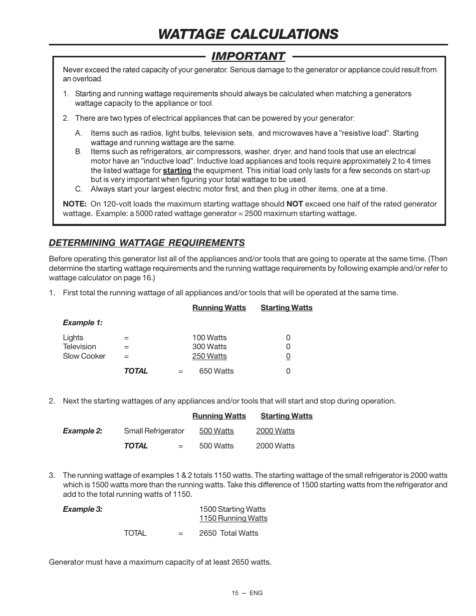 Wattage calculations, Important | Porter-Cable T550 User Manual | Page 15 / 20