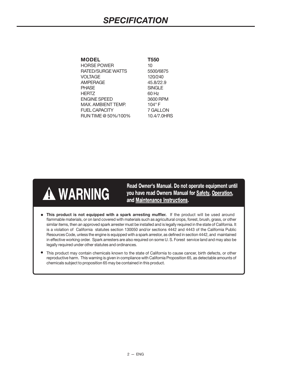 Specification | Porter-Cable T550 User Manual | Page 2 / 20