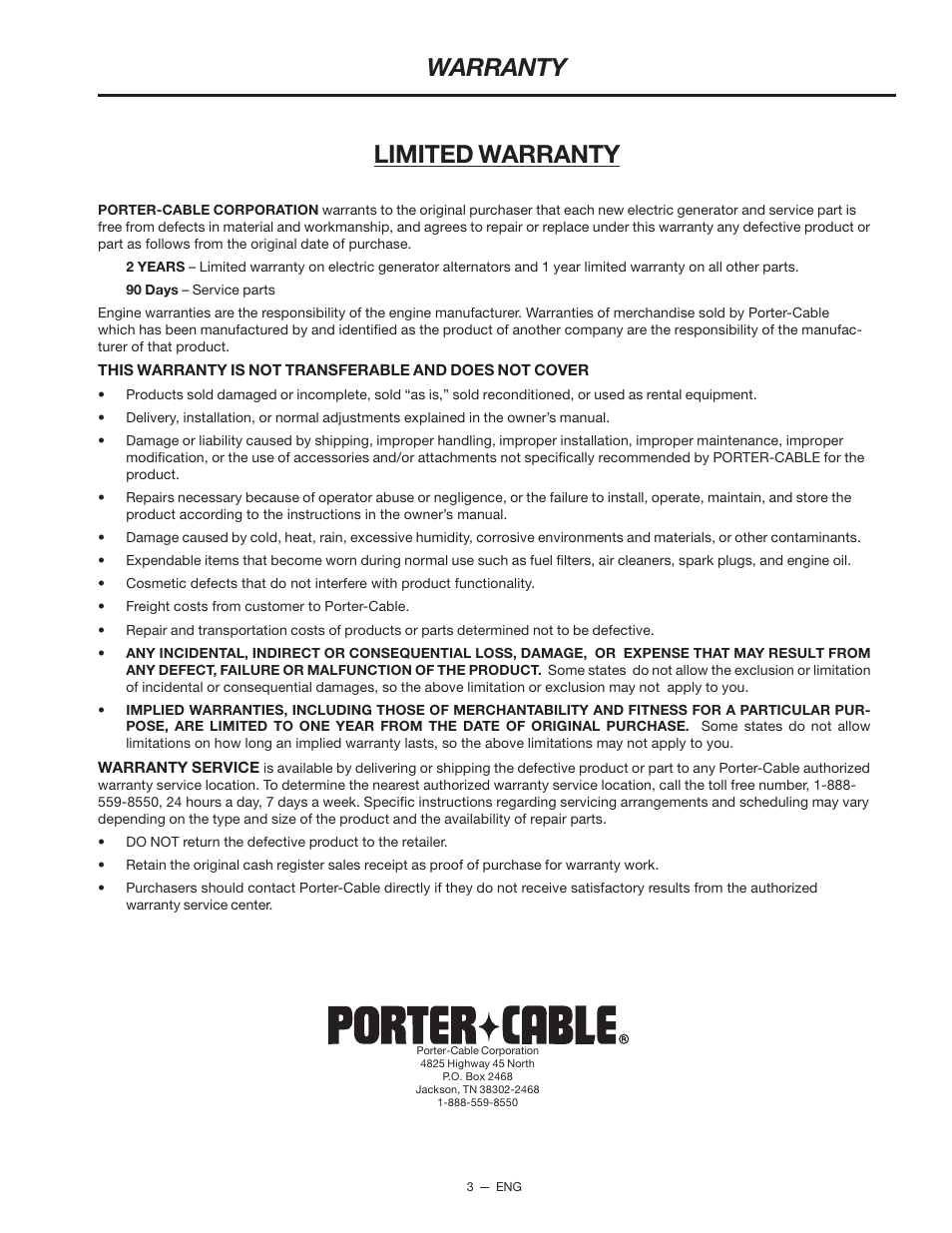 Warranty, Limited warranty | Porter-Cable T550 User Manual | Page 3 / 20