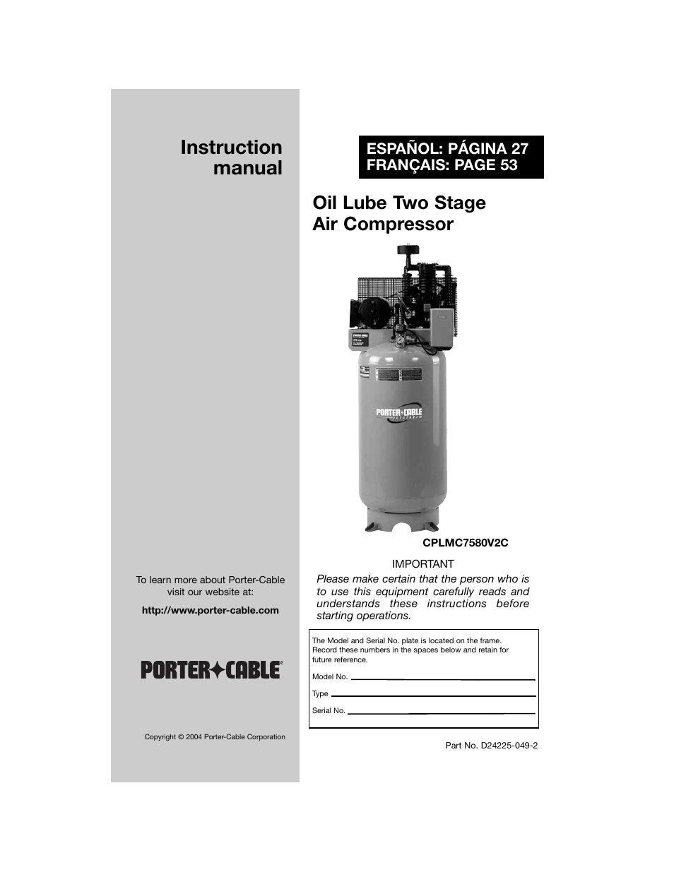 Porter-Cable Oil Lube Two Stage D24225-049-2 User Manual | 80 pages