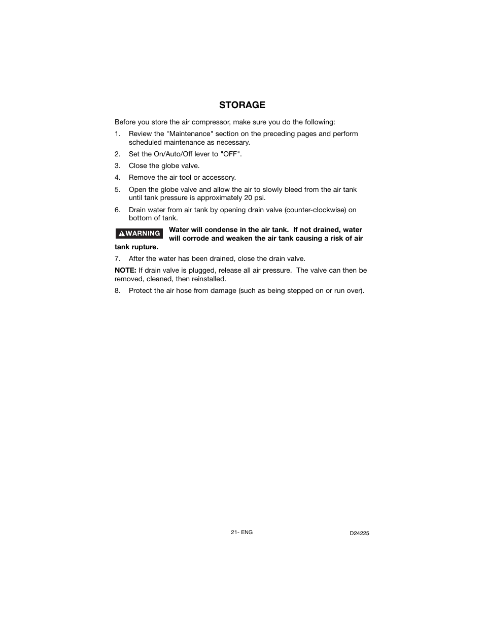 Storage | Porter-Cable Oil Lube Two Stage D24225-049-2 User Manual | Page 21 / 80
