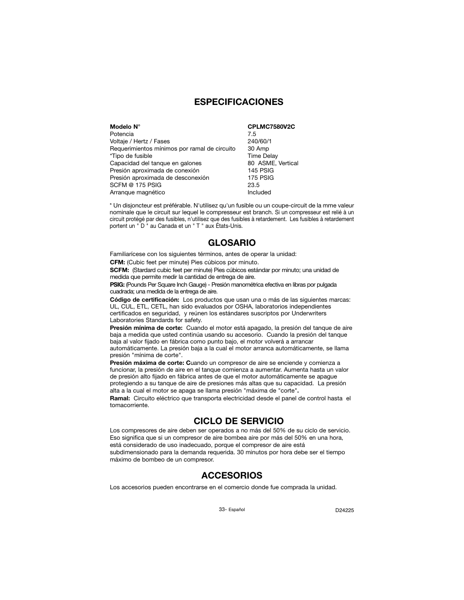 Ciclo de servicio, Accesorios, Glosario | Especificaciones | Porter-Cable Oil Lube Two Stage D24225-049-2 User Manual | Page 33 / 80