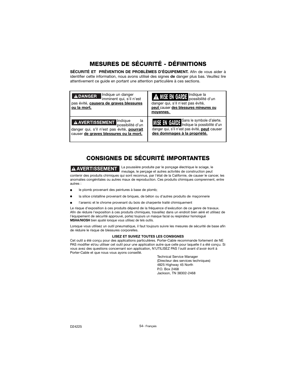 Consignes de sécurité importantes, Mesures de sécurité - définitions | Porter-Cable Oil Lube Two Stage D24225-049-2 User Manual | Page 54 / 80