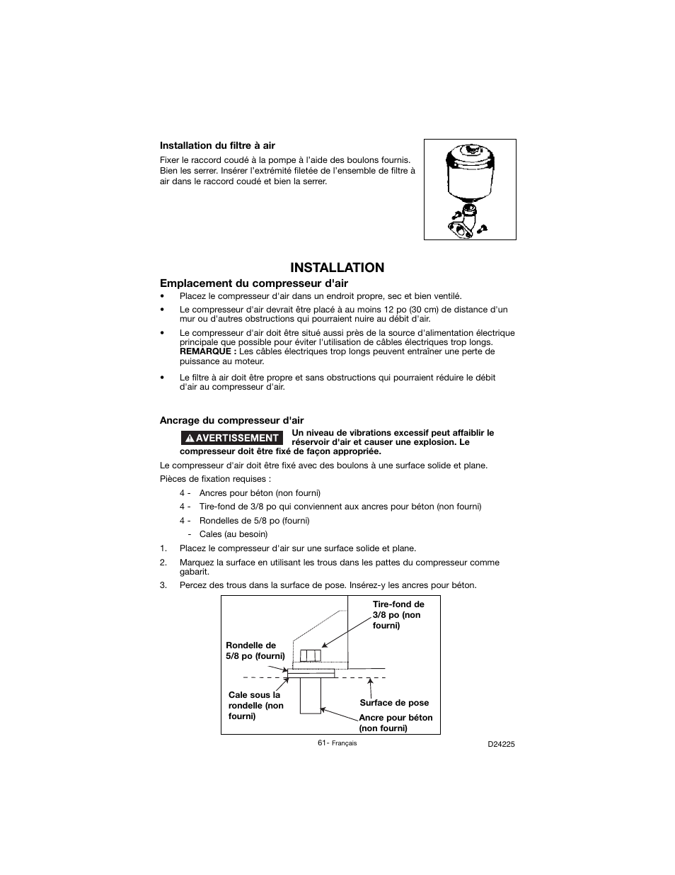 Installation | Porter-Cable Oil Lube Two Stage D24225-049-2 User Manual | Page 61 / 80