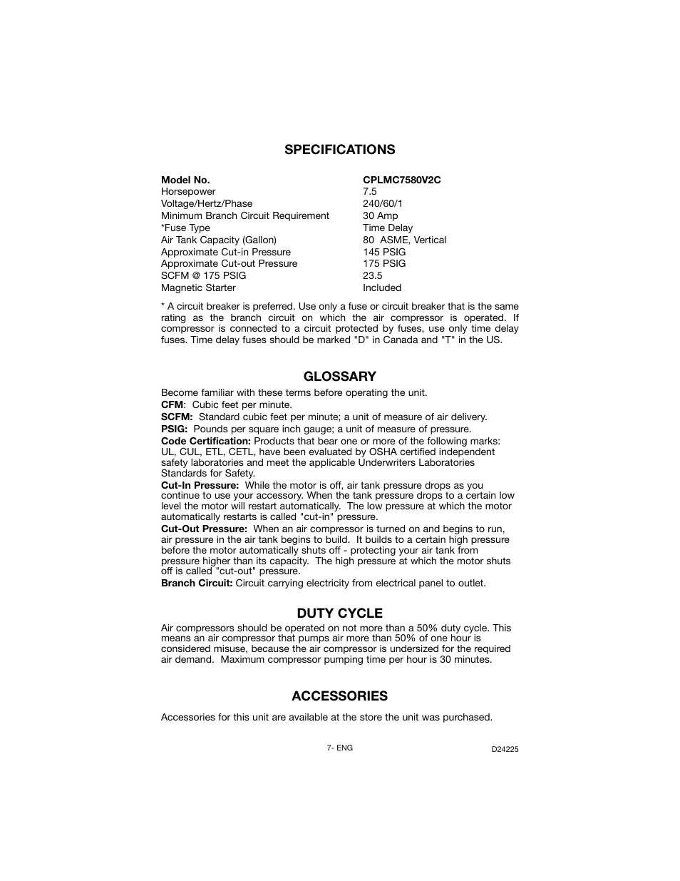 Specifications glossary, Duty cycle, Accessories | Porter-Cable Oil Lube Two Stage D24225-049-2 User Manual | Page 7 / 80